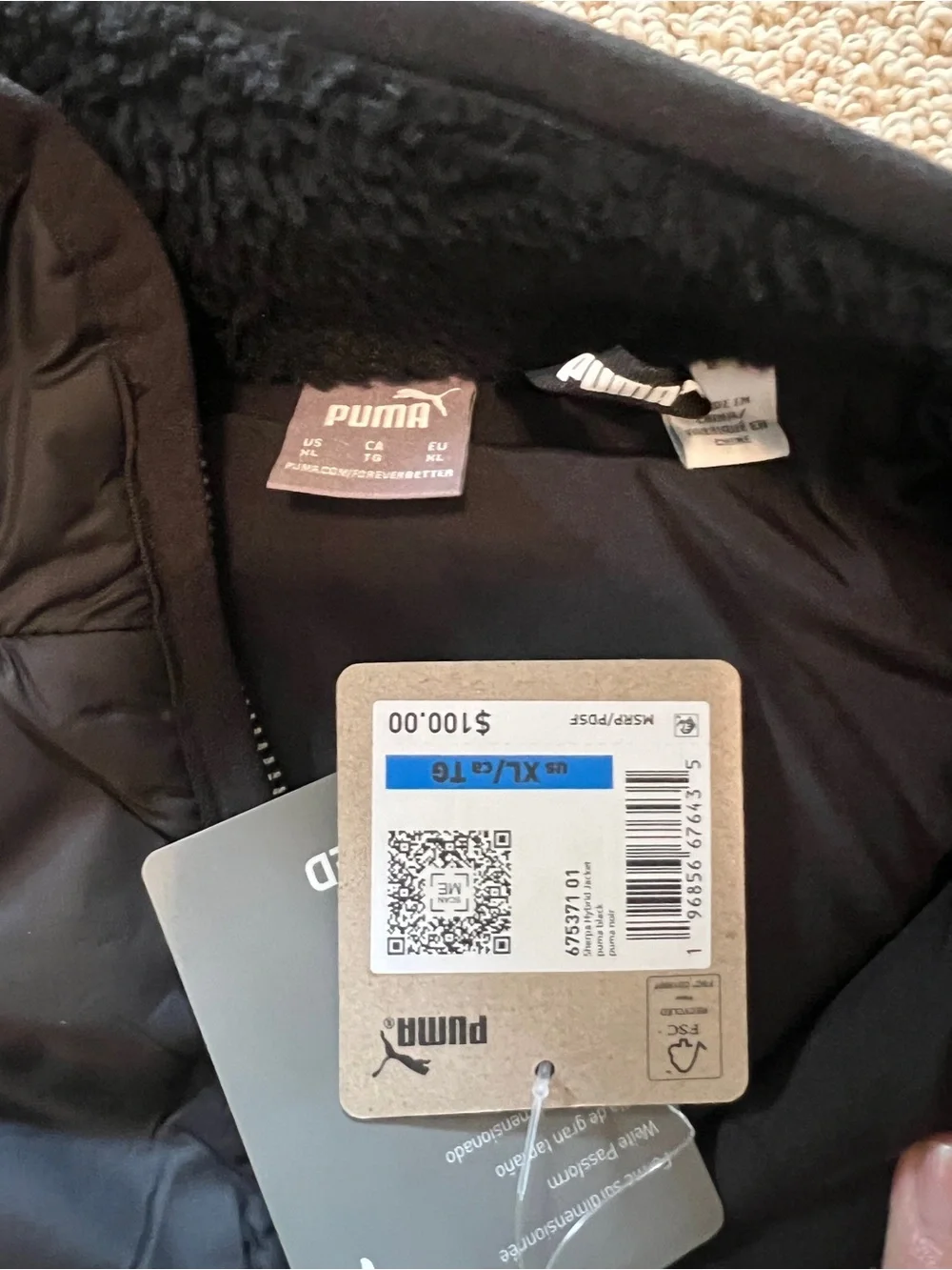 PUMA Sherpa Hybrid Full-Zip Mock Neck Fleece Jacket Black XL New with tags
